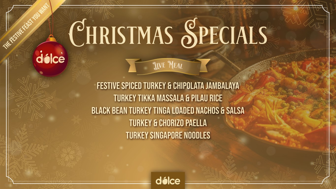 Flyer listing festive feast available on Wednesday 10 December 2025