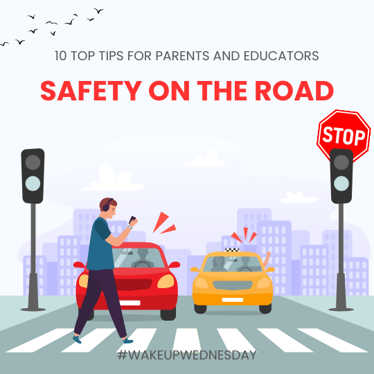 Person crossing the road staring at their phone with the words"Safety on the Road"