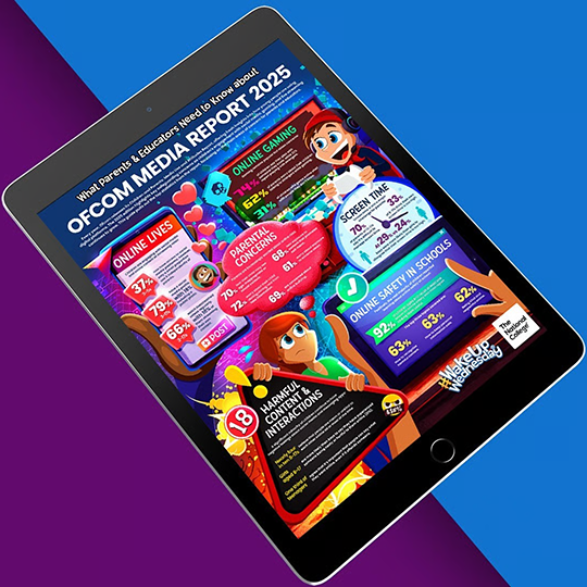 Children using technology with title Ofcom Media Report 2025